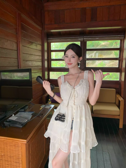 Ethereal White Tiered Flowy Chiffon Maxi Dress Spaghetti Strap High-Slit Ruffles Trimmed Long Dress AP1531