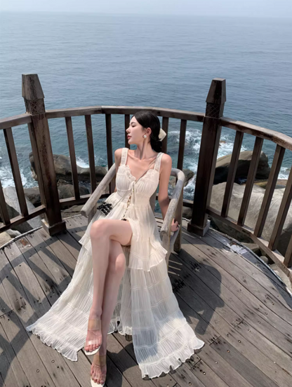 Ethereal White Tiered Flowy Chiffon Maxi Dress Spaghetti Strap High-Slit Ruffles Trimmed Long Dress AP1531