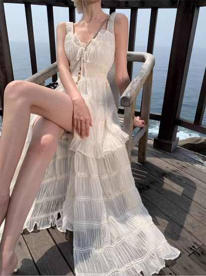 Ethereal White Tiered Flowy Chiffon Maxi Dress Spaghetti Strap High-Slit Ruffles Trimmed Long Dress AP1531