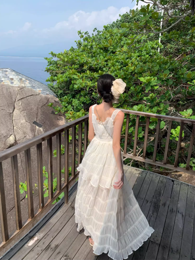Ethereal White Tiered Flowy Chiffon Maxi Dress Spaghetti Strap High-Slit Ruffles Trimmed Long Dress AP1531