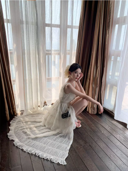 Ethereal White Tiered Flowy Chiffon Maxi Dress Spaghetti Strap High-Slit Ruffles Trimmed Long Dress AP1531