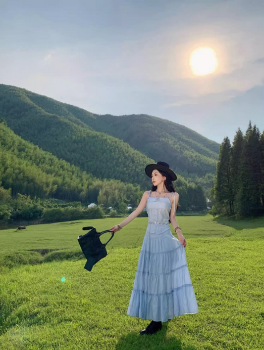 Classical Light Blue Tiered Two-Piece Set Maxi Dress Spaghetti Strap Country Vacays Cinched-Waist Long Dress AP1532