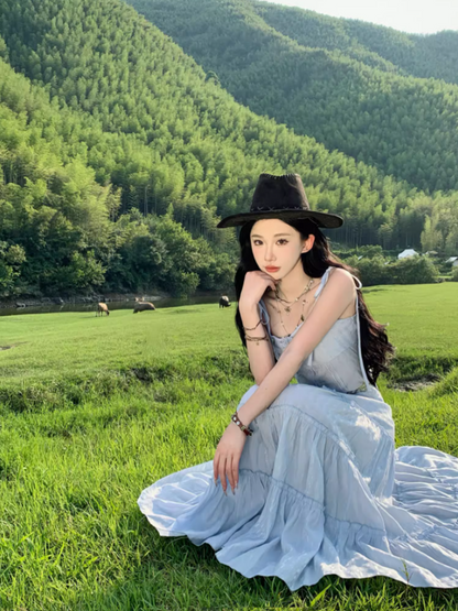 Classical Light Blue Tiered Two-Piece Set Maxi Dress Spaghetti Strap Country Vacays Cinched-Waist Long Dress AP1532