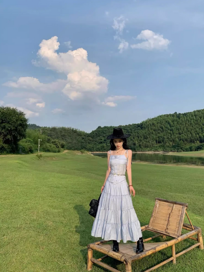 Classical Light Blue Tiered Two-Piece Set Maxi Dress Spaghetti Strap Country Vacays Cinched-Waist Long Dress AP1532