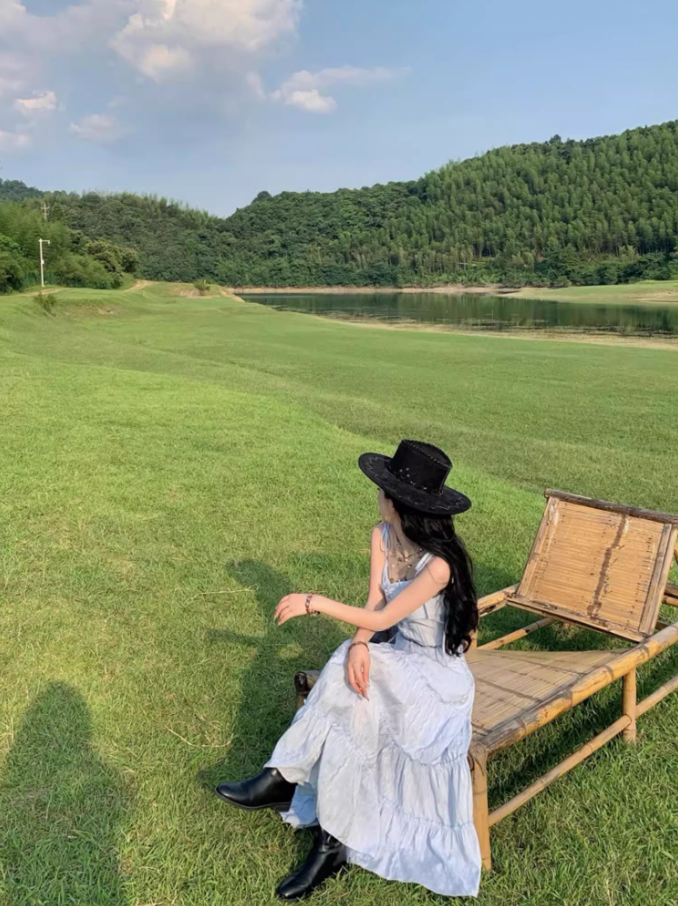 Classical Light Blue Tiered Two-Piece Set Maxi Dress Spaghetti Strap Country Vacays Cinched-Waist Long Dress AP1532