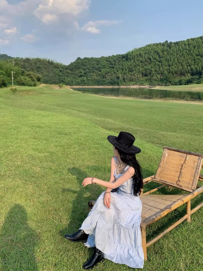 Classical Light Blue Tiered Two-Piece Set Maxi Dress Spaghetti Strap Country Vacays Cinched-Waist Long Dress AP1532