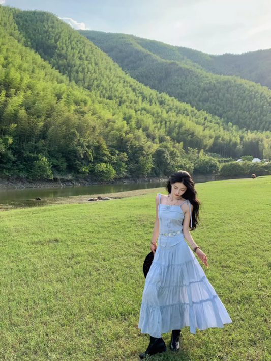 Classical Light Blue Tiered Two-Piece Set Maxi Dress Spaghetti Strap Country Vacays Cinched-Waist Long Dress AP1532