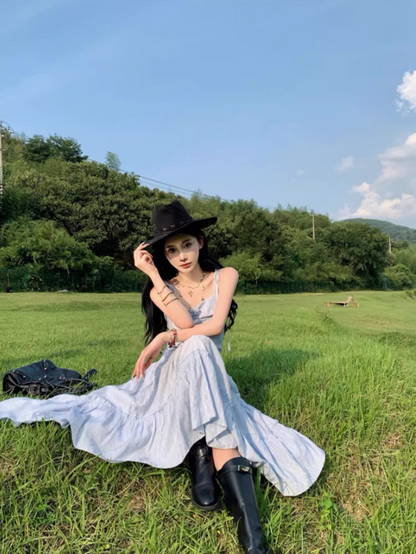 Classical Light Blue Tiered Two-Piece Set Maxi Dress Spaghetti Strap Country Vacays Cinched-Waist Long Dress AP1532