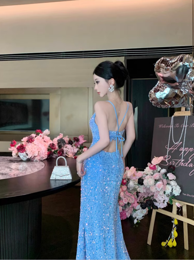 Charming Light Blue Mermaid Maxi Dress Spaghetti Strap Sparkling Sequins High-Slit Long Dress AP1533