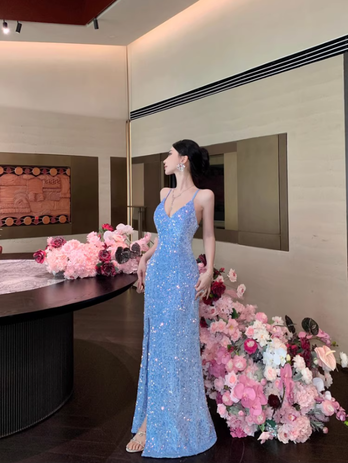 Charming Light Blue Mermaid Maxi Dress Spaghetti Strap Sparkling Sequins High-Slit Long Dress AP1533