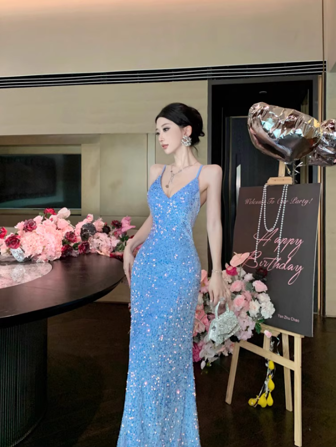 Charming Light Blue Mermaid Maxi Dress Spaghetti Strap Sparkling Sequins High-Slit Long Dress AP1533