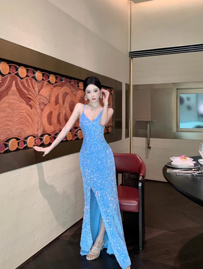Charming Light Blue Mermaid Maxi Dress Spaghetti Strap Sparkling Sequins High-Slit Long Dress AP1533