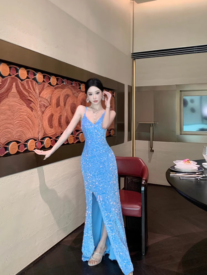 Charming Light Blue Mermaid Maxi Dress Spaghetti Strap Sparkling Sequins High-Slit Long Dress AP1533