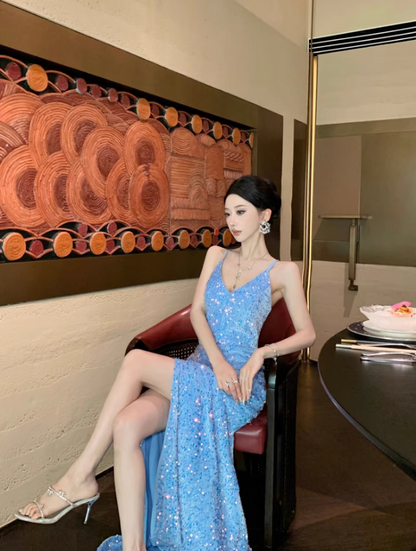 Charming Light Blue Mermaid Maxi Dress Spaghetti Strap Sparkling Sequins High-Slit Long Dress AP1533