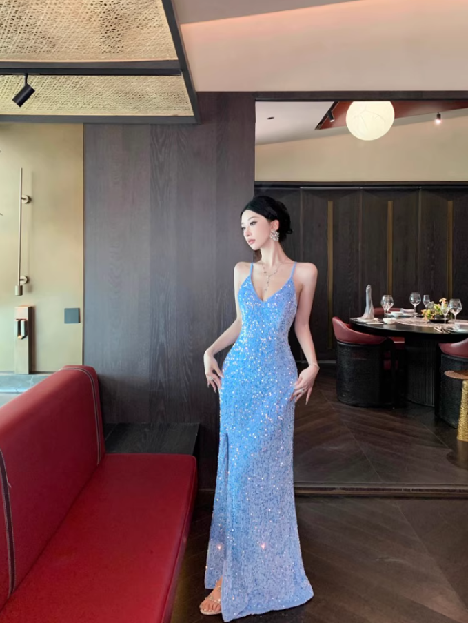 Charming Light Blue Mermaid Maxi Dress Spaghetti Strap Sparkling Sequins High-Slit Long Dress AP1533