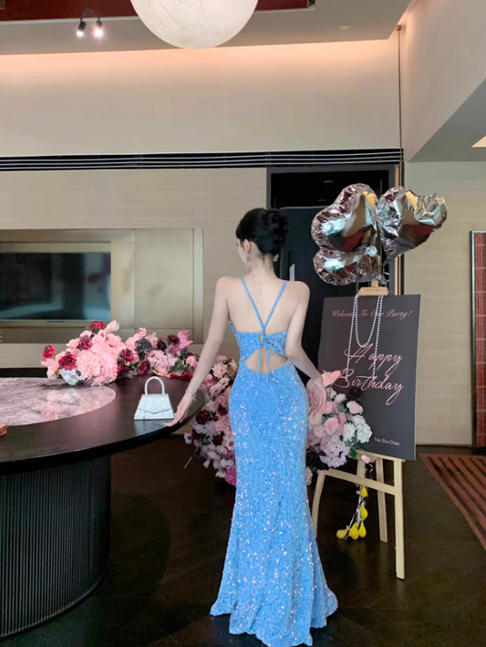 Charming Light Blue Mermaid Maxi Dress Spaghetti Strap Sparkling Sequins High-Slit Long Dress AP1533