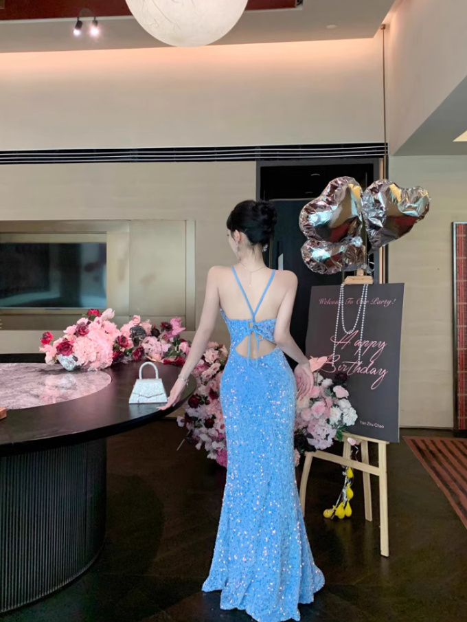 Charming Light Blue Mermaid Maxi Dress Spaghetti Strap Sparkling Sequins High-Slit Long Dress AP1533