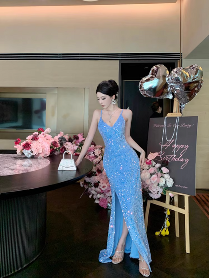 Charming Light Blue Mermaid Maxi Dress Spaghetti Strap Sparkling Sequins High-Slit Long Dress AP1533