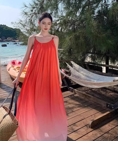 Vogue Red Ombre Spaghetti Strap Maxi Dress Minimalist Flowy Beach Vacays Long Dress AP1534