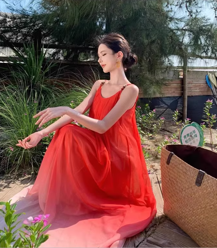 Vogue Red Ombre Spaghetti Strap Maxi Dress Minimalist Flowy Beach Vacays Long Dress AP1534