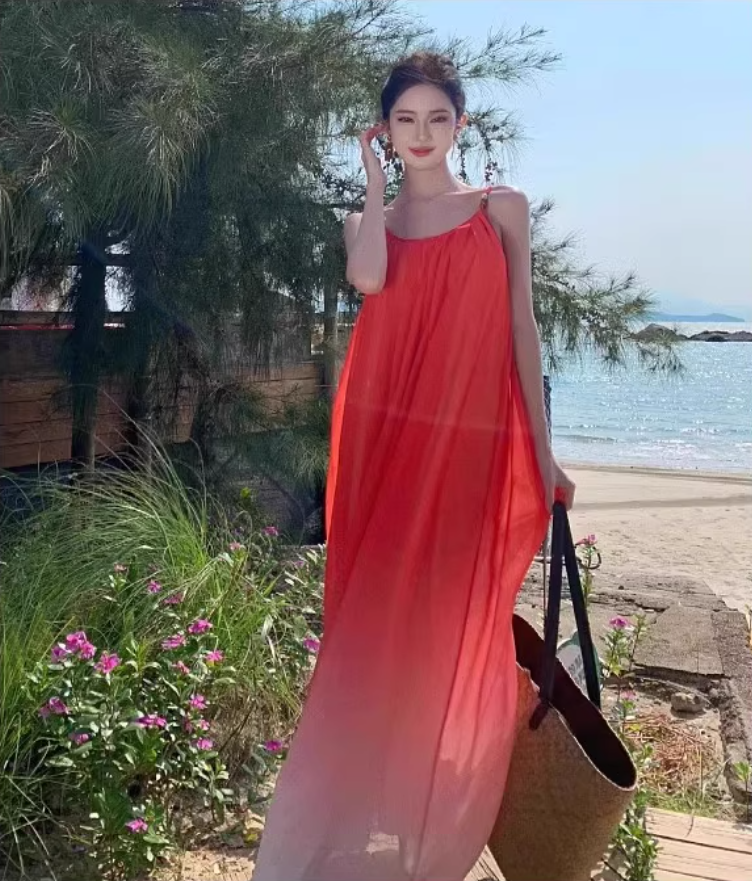 Vogue Red Ombre Spaghetti Strap Maxi Dress Minimalist Flowy Beach Vacays Long Dress AP1534