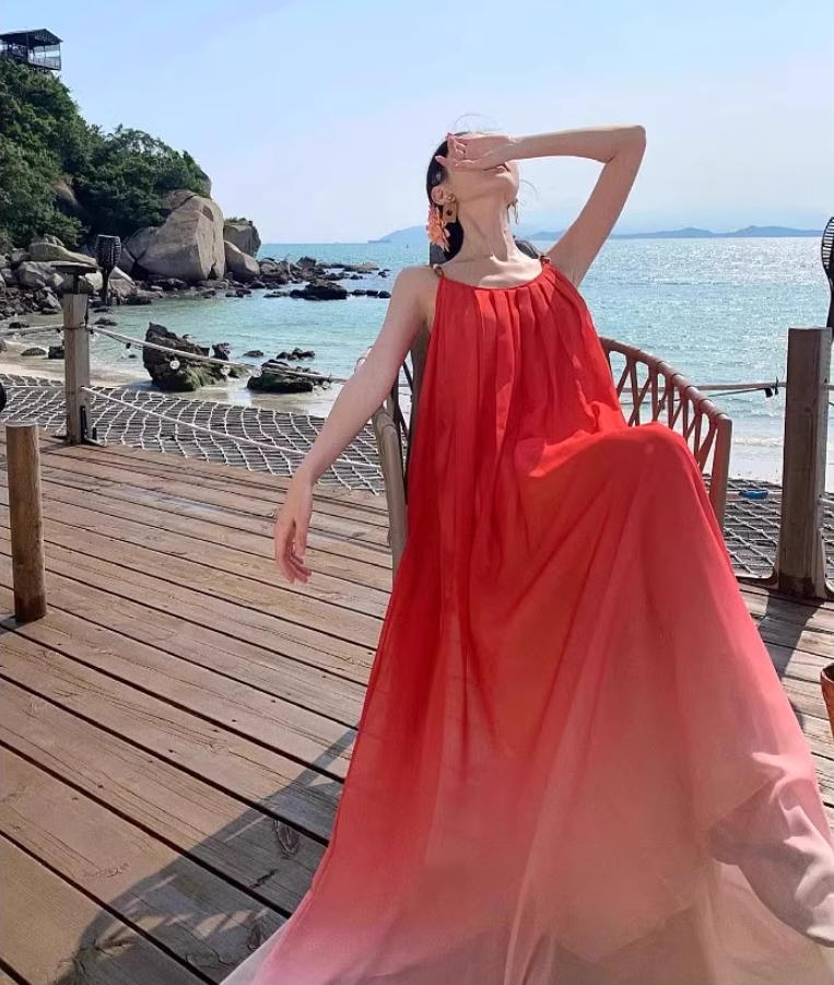 Vogue Red Ombre Spaghetti Strap Maxi Dress Minimalist Flowy Beach Vacays Long Dress AP1534