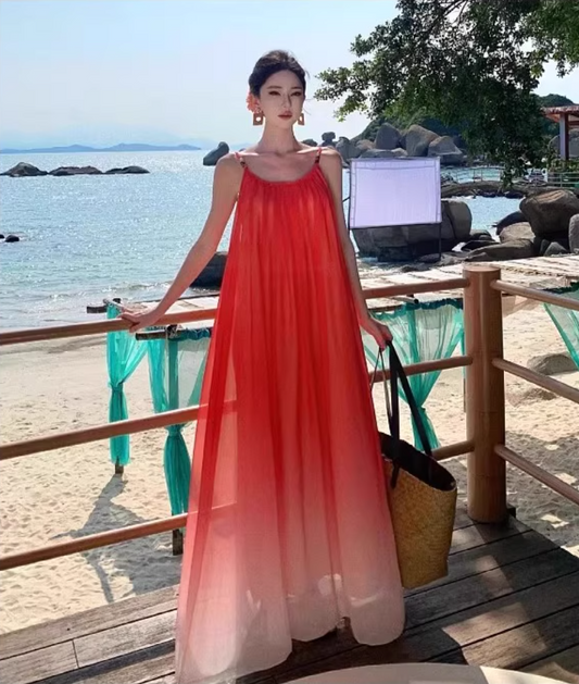 Vogue Red Ombre Spaghetti Strap Maxi Dress Minimalist Flowy Beach Vacays Long Dress AP1534