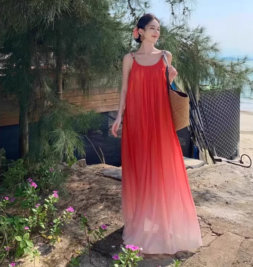 Vogue Red Ombre Spaghetti Strap Maxi Dress Minimalist Flowy Beach Vacays Long Dress AP1534