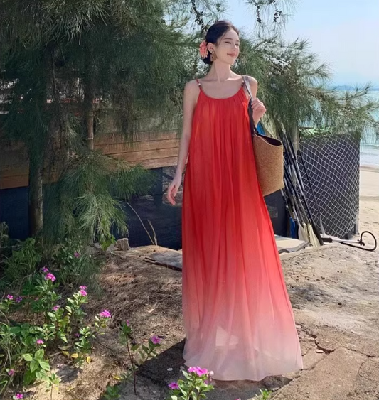 Vogue Red Ombre Spaghetti Strap Maxi Dress Minimalist Flowy Beach Vacays Long Dress AP1534
