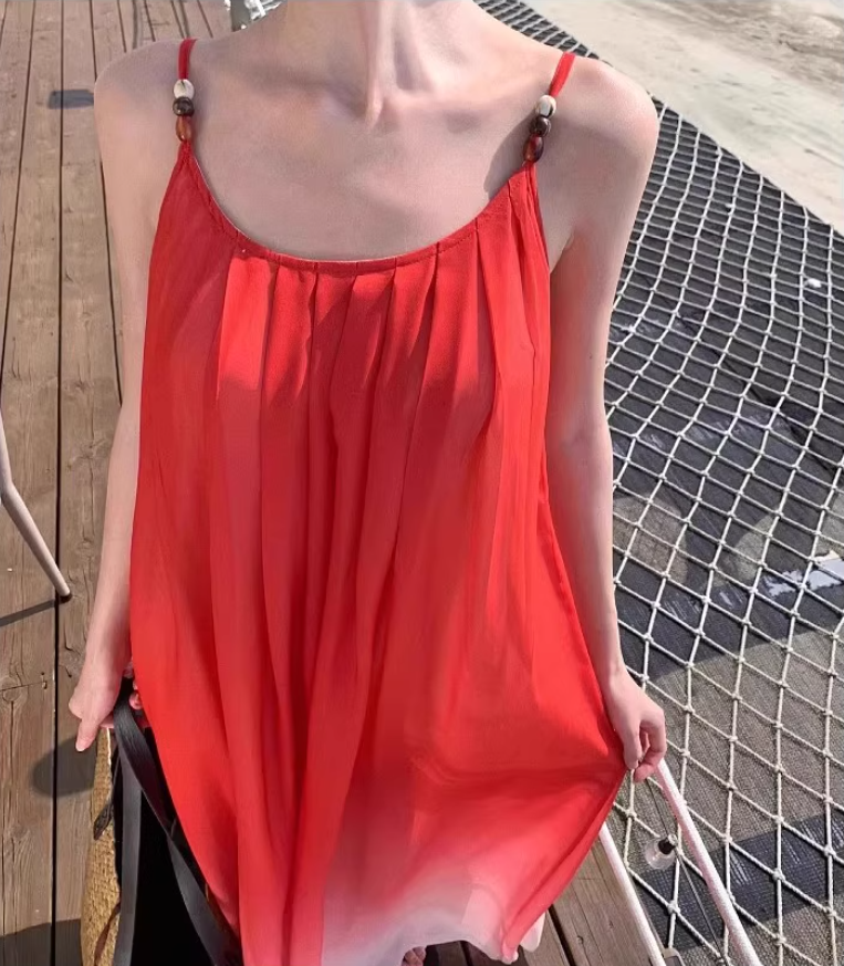 Vogue Red Ombre Spaghetti Strap Maxi Dress Minimalist Flowy Beach Vacays Long Dress AP1534