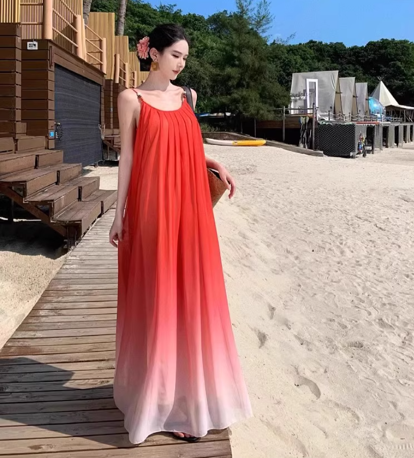 Vogue Red Ombre Spaghetti Strap Maxi Dress Minimalist Flowy Beach Vacays Long Dress AP1534