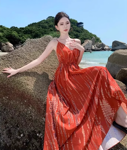 French-Inspired Red Spaghetti Strap Maxi Dress Flowy Beach Vacays Tie-Back Cinched-Waist Long Dress AP1535