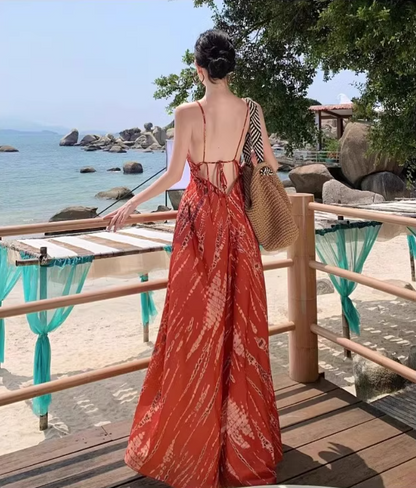 French-Inspired Red Spaghetti Strap Maxi Dress Flowy Beach Vacays Tie-Back Cinched-Waist Long Dress AP1535