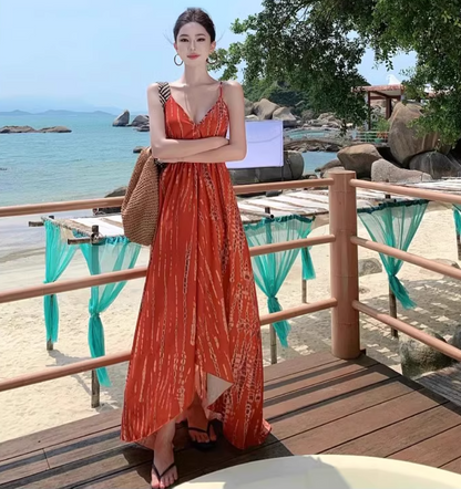 French-Inspired Red Spaghetti Strap Maxi Dress Flowy Beach Vacays Tie-Back Cinched-Waist Long Dress AP1535