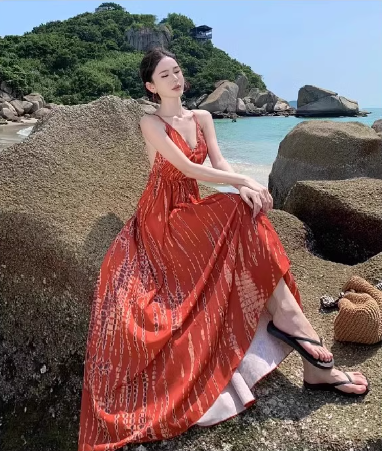 French-Inspired Red Spaghetti Strap Maxi Dress Flowy Beach Vacays Tie-Back Cinched-Waist Long Dress AP1535