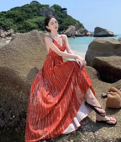 French-Inspired Red Spaghetti Strap Maxi Dress Flowy Beach Vacays Tie-Back Cinched-Waist Long Dress AP1535