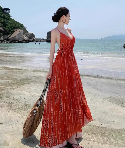 French-Inspired Red Spaghetti Strap Maxi Dress Flowy Beach Vacays Tie-Back Cinched-Waist Long Dress AP1535