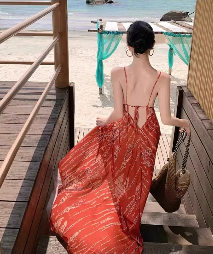 French-Inspired Red Spaghetti Strap Maxi Dress Flowy Beach Vacays Tie-Back Cinched-Waist Long Dress AP1535