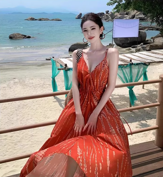 French-Inspired Red Spaghetti Strap Maxi Dress Flowy Beach Vacays Tie-Back Cinched-Waist Long Dress AP1535