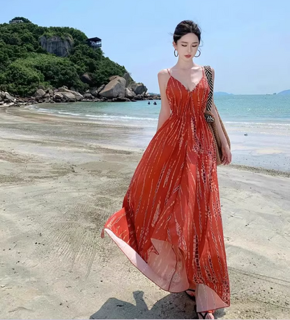 French-Inspired Red Spaghetti Strap Maxi Dress Flowy Beach Vacays Tie-Back Cinched-Waist Long Dress AP1535