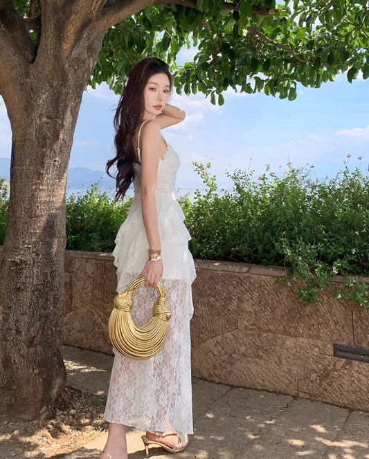 French-Inspired Asymmetric Ruffle Hem Spaghetti Strap Maxi Dress Flowy Lace Splicing Beach Vacays Long Dress AP1536