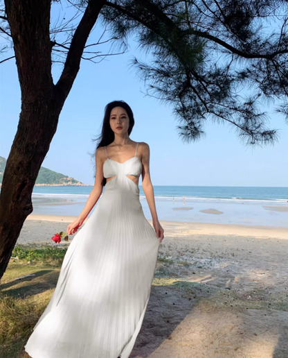Charming White Pressed Pleat Spaghetti Strap Maxi Dress Coastal Trips Vogue Flowy Cutout Waist Long Dress AP1537