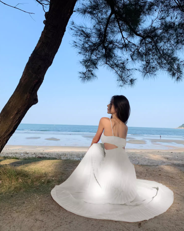 Charming White Pressed Pleat Spaghetti Strap Maxi Dress Coastal Trips Vogue Flowy Cutout Waist Long Dress AP1537