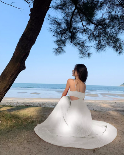 Charming White Pressed Pleat Spaghetti Strap Maxi Dress Coastal Trips Vogue Flowy Cutout Waist Long Dress AP1537