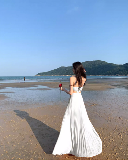 Charming White Pressed Pleat Spaghetti Strap Maxi Dress Coastal Trips Vogue Flowy Cutout Waist Long Dress AP1537