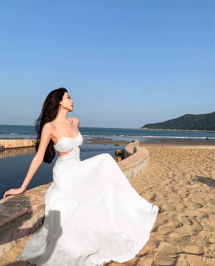 Charming White Pressed Pleat Spaghetti Strap Maxi Dress Coastal Trips Vogue Flowy Cutout Waist Long Dress AP1537
