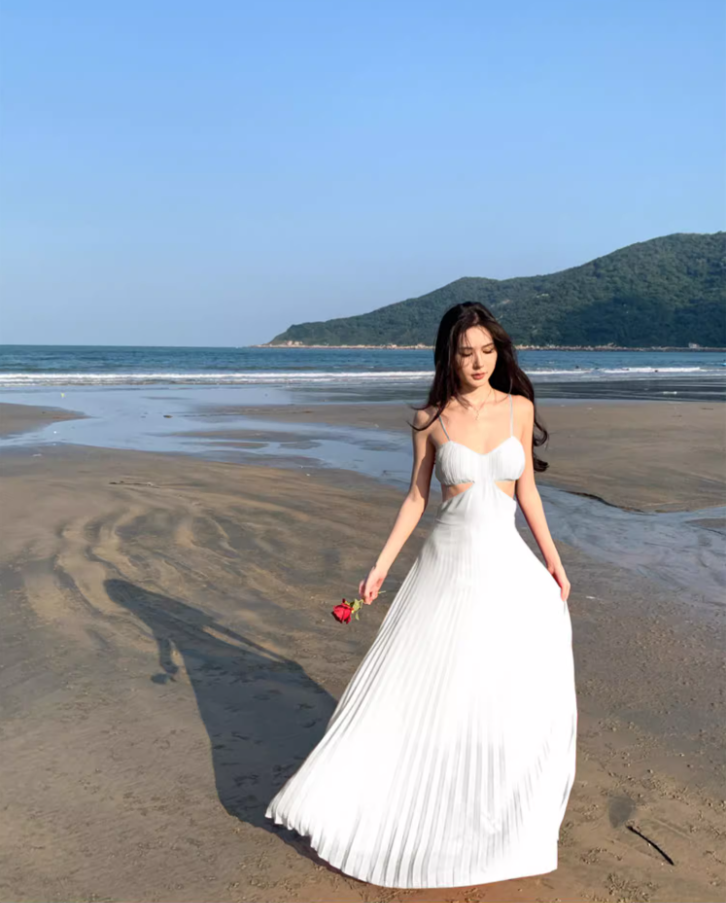 Charming White Pressed Pleat Spaghetti Strap Maxi Dress Coastal Trips Vogue Flowy Cutout Waist Long Dress AP1537