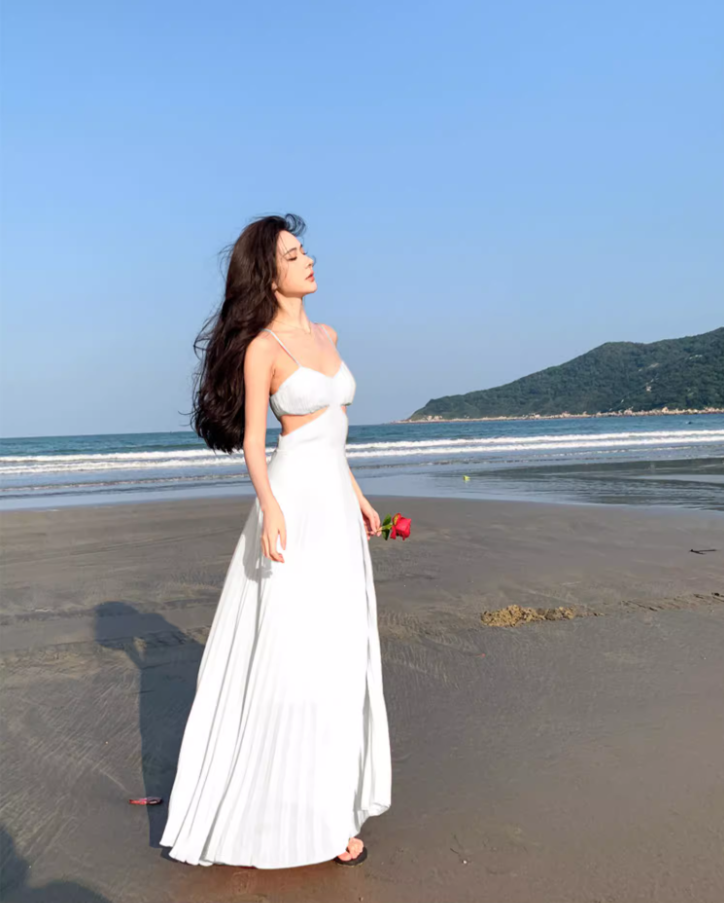 Charming White Pressed Pleat Spaghetti Strap Maxi Dress Coastal Trips Vogue Flowy Cutout Waist Long Dress AP1537