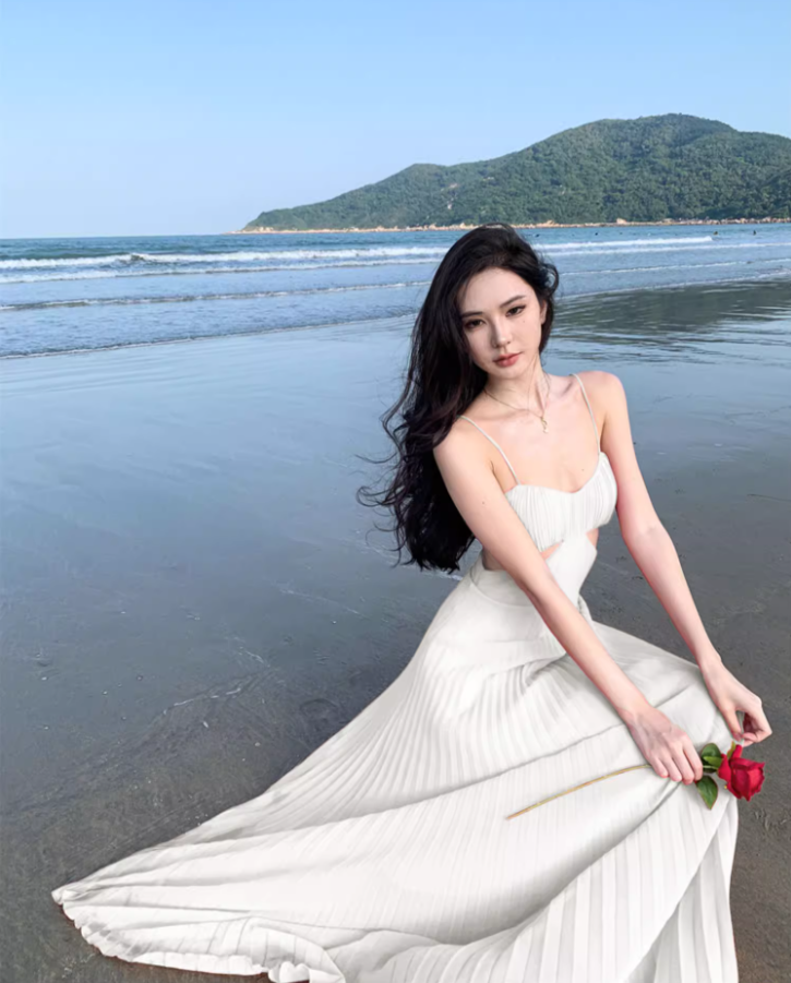 Charming White Pressed Pleat Spaghetti Strap Maxi Dress Coastal Trips Vogue Flowy Cutout Waist Long Dress AP1537