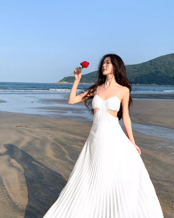 Charming White Pressed Pleat Spaghetti Strap Maxi Dress Coastal Trips Vogue Flowy Cutout Waist Long Dress AP1537